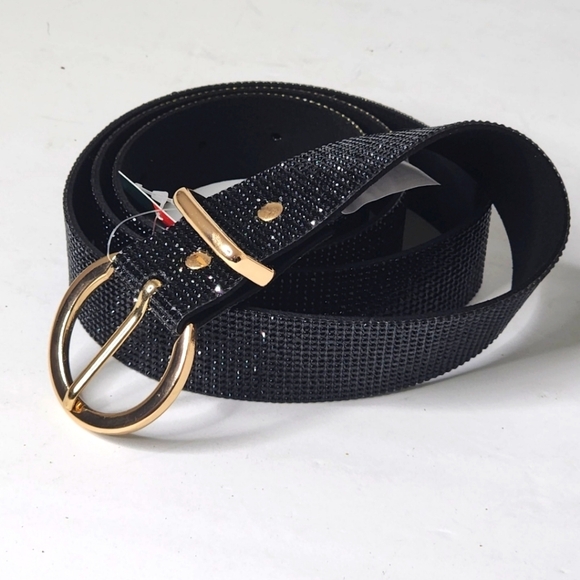 Vera Black Rhinestones Belt with Gold Round Buckle 43" - Picture 2 of 8